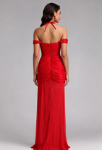 Red Halter Neck Floor-Length Gown with Floral Appliqué Flowering Girl
