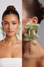 Light Green Organza Floral Crystal Tassel Drop Earrings Flowering Girl