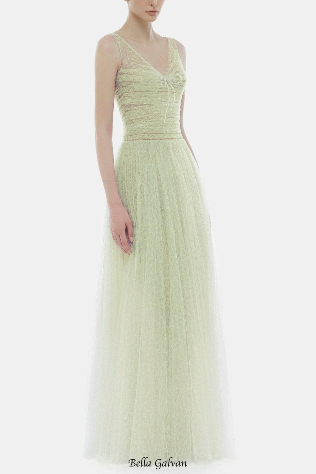 Monica Mint Draped Tulle Fishbone Maxi Dress Flowering Girl