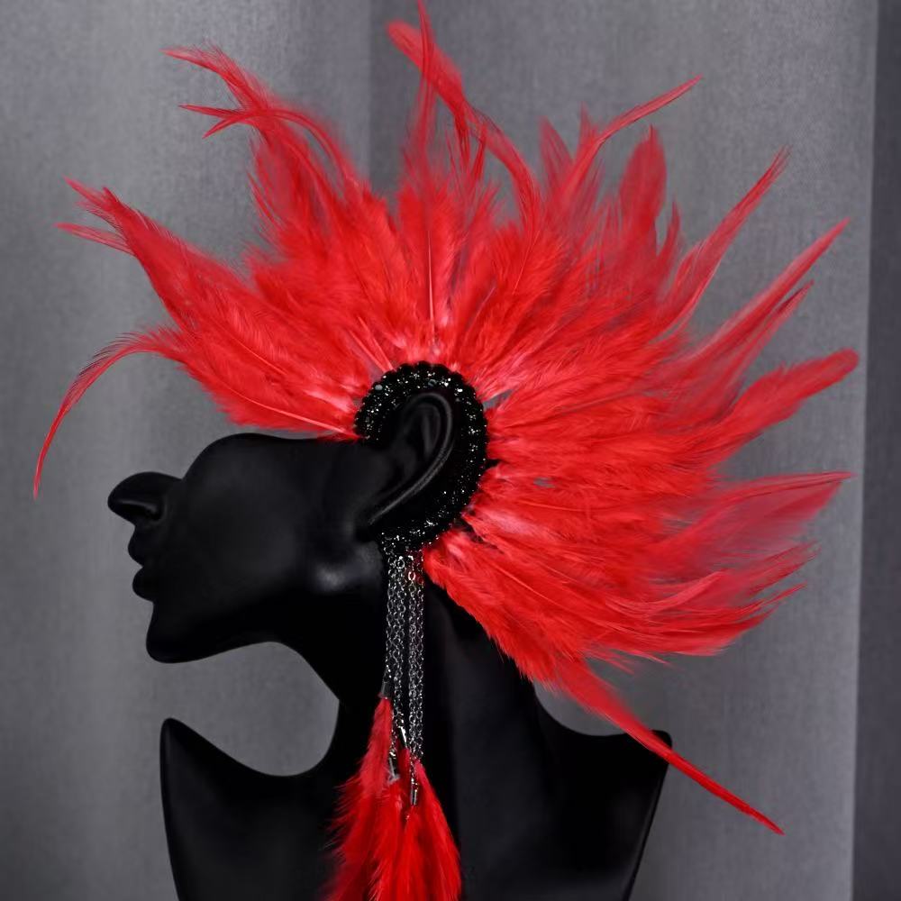 Dramatic Red Feather Ear Cuff, Black Rhinestone Ear Wrap with Silver Chain Tassel Flowering Girl