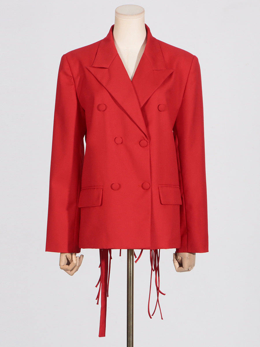 Vienna Cutout Fringe Backless Blazer In Red Flowering Girl