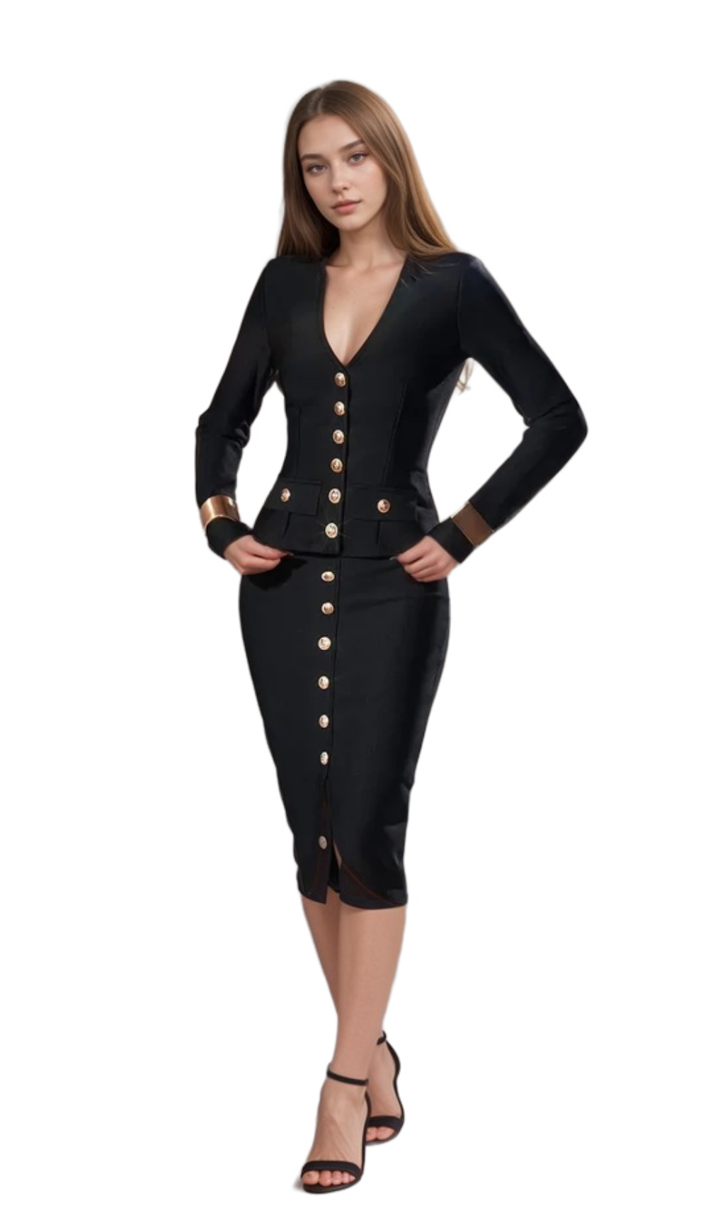 bonnie Long Sleeve Single Breasted Bandage Set in black Flowering Girl