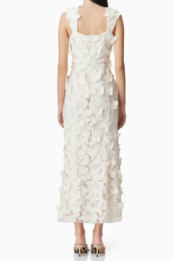 Square Neckline 3D Flower Embroidery Gown In White Flowering Girl