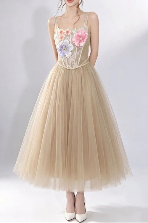 3D Floral Camisole Top & Tulle Skirt Set - Champagne Flowering Girl