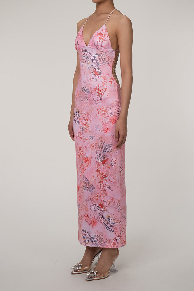 Printed Strappy Butterfly Backless Plunge Sheath Slip Maxi Dress Flowering Girl