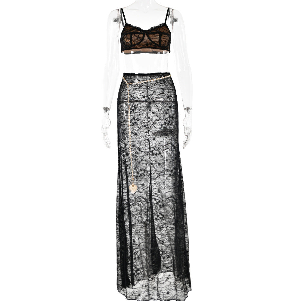 Lace Skirt Set With Waist Chain In Black Flowering Girl