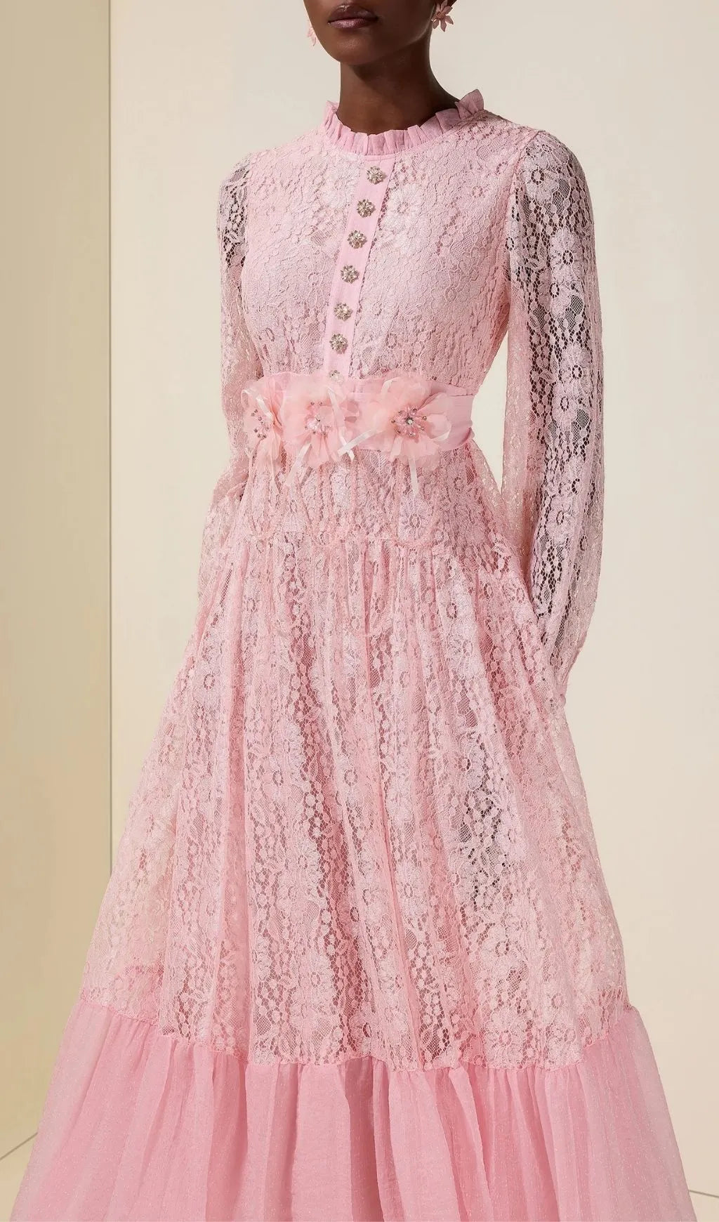 Virginia Lace 3D Flower Rhinestone Rivets Midi Dress - Pink Flowering Girl
