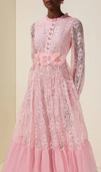 Virginia Lace 3D Flower Rhinestone Rivets Midi Dress - Pink Flowering Girl