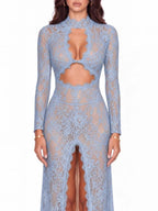 Mareike Long Sleeve Lace Split Maxi Dress In Blue Flowering Girl