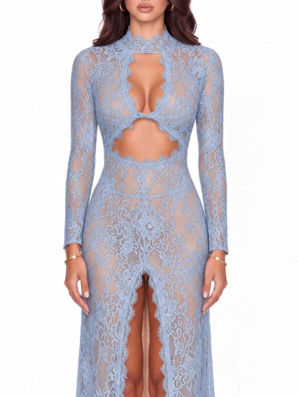 Mareike Long Sleeve Lace Split Maxi Dress In Blue Flowering Girl