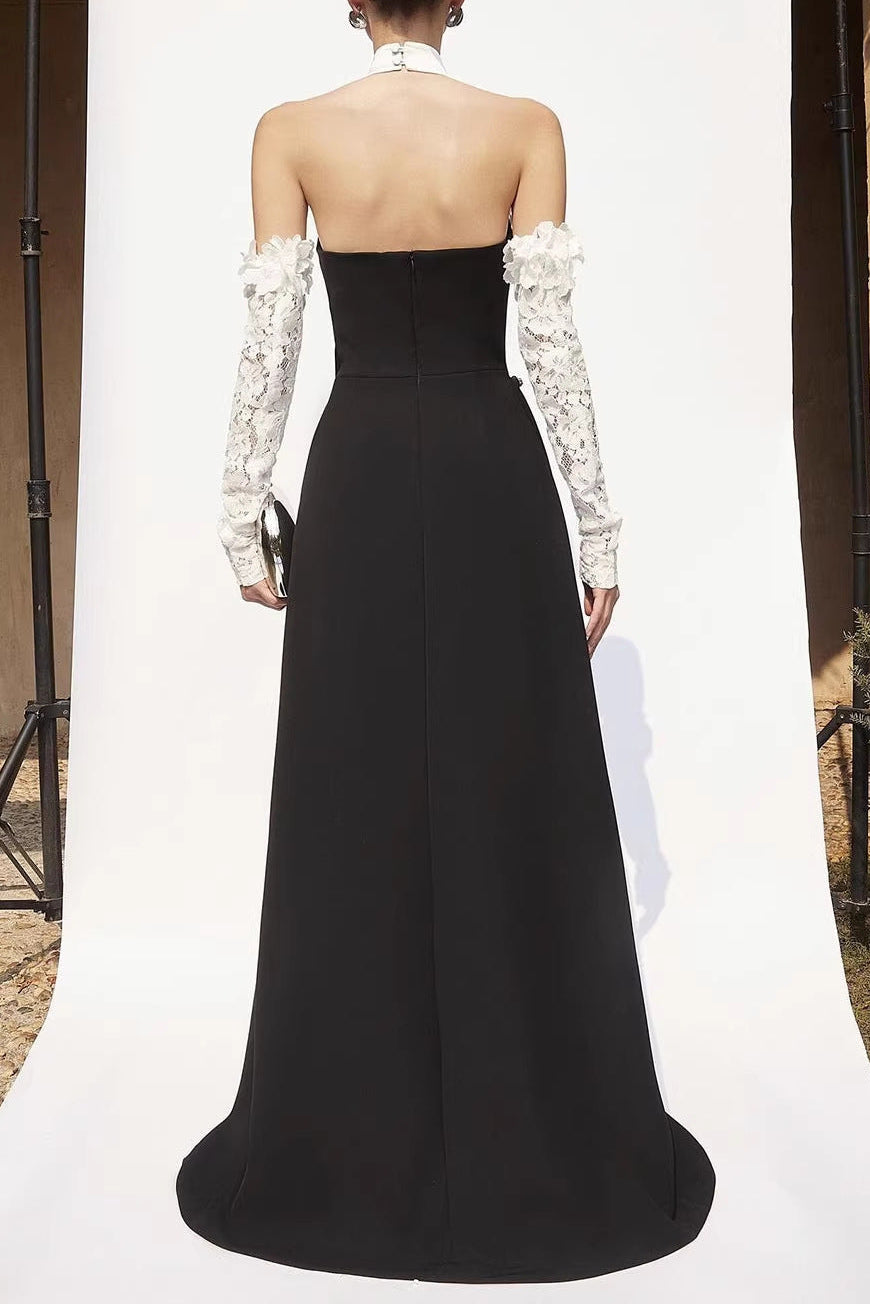 Jenny Halter-Neck 3d Flower Embroidery Backless Maxi Dress - Black Flowering Girl