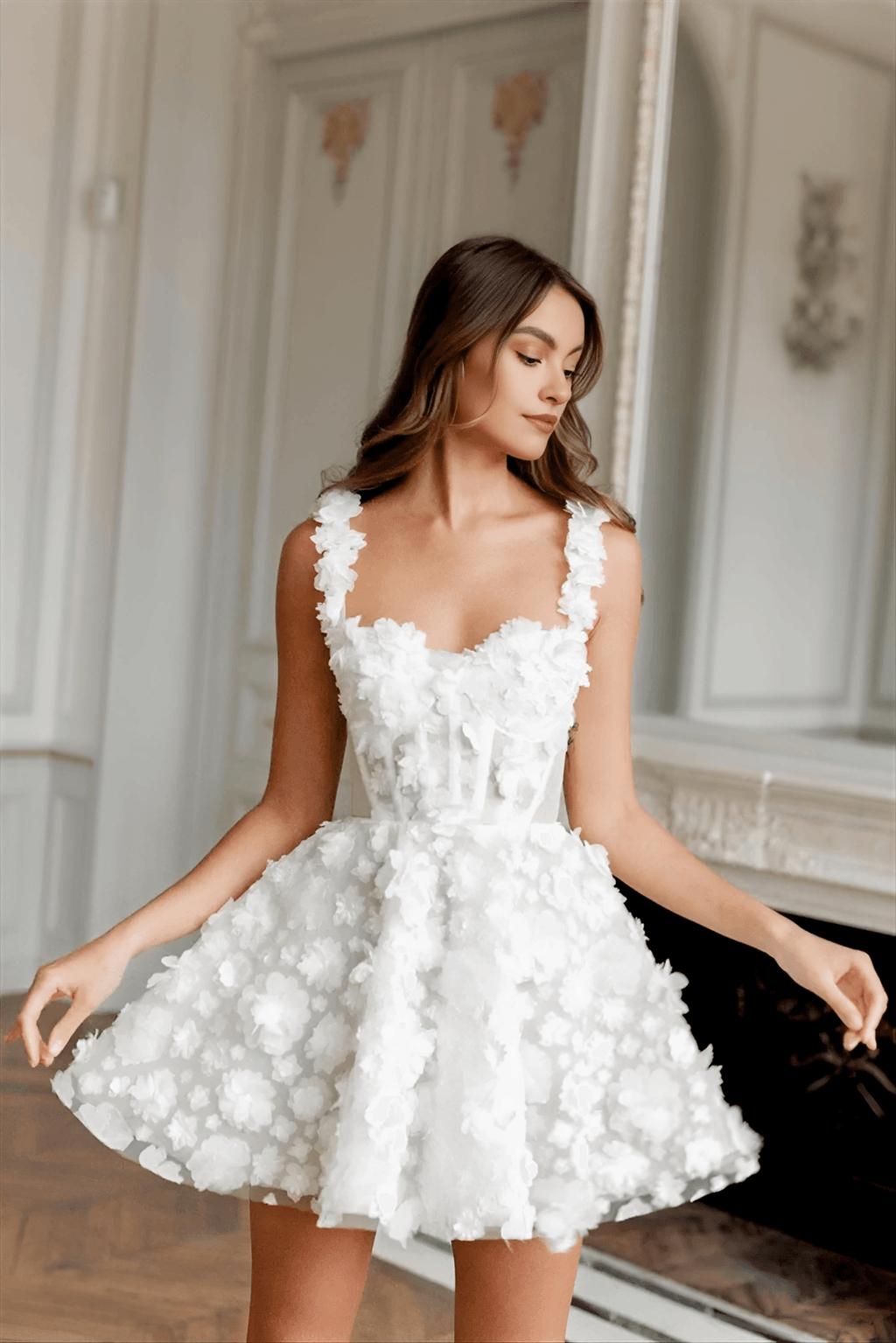 White Flower Lace Embroidery Lace-Up Spaghetti Strap Mini Dress Flowering Girl