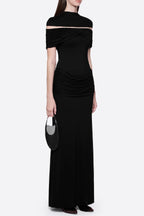 Megan Ruched Knit Patchwork Maxi Dress In Black Flowering Girl
