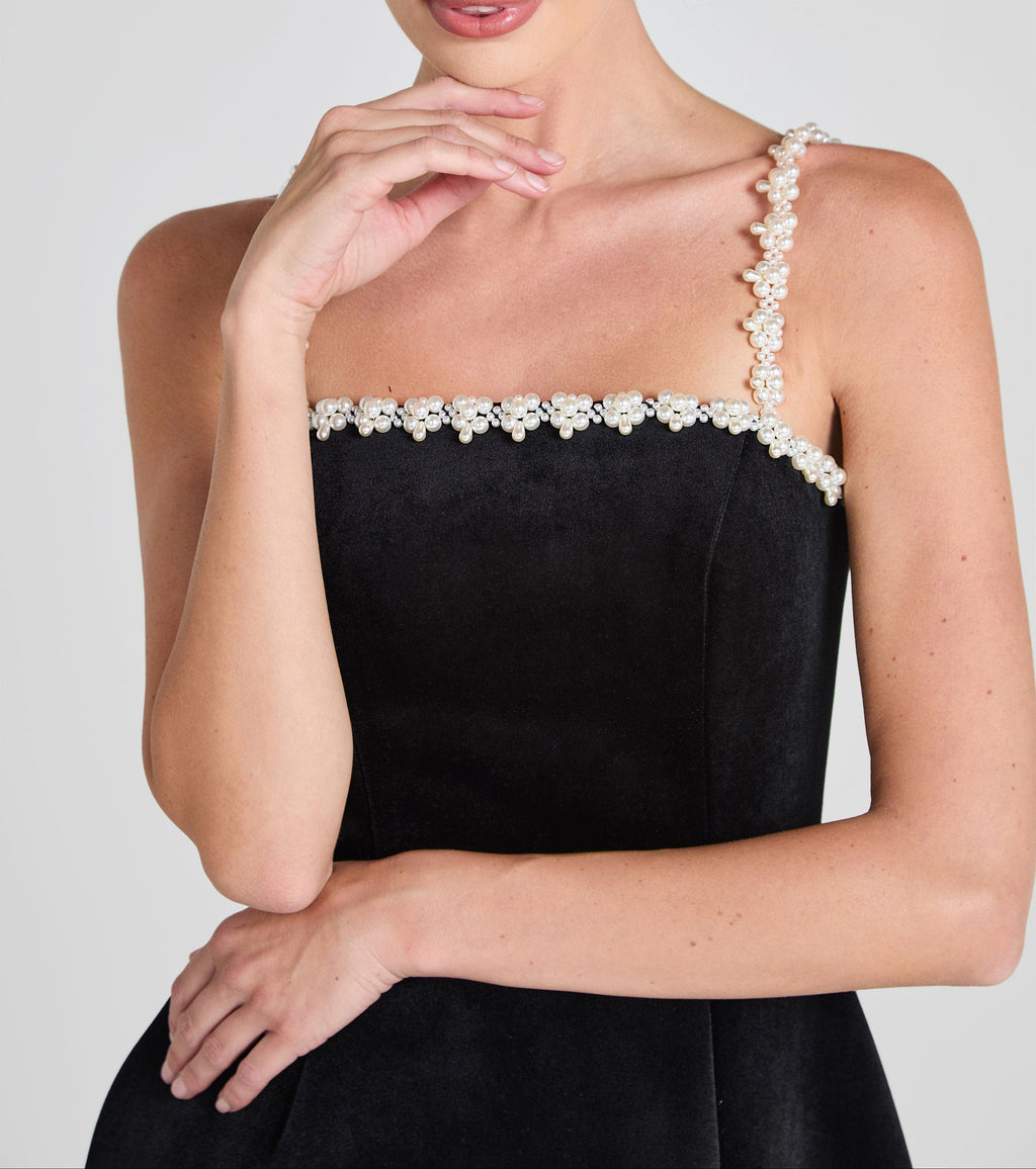 Pearl Embellished Strap Mini Dress In Black Flowering Girl