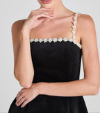 Pearl Embellished Strap Mini Dress In Black Flowering Girl