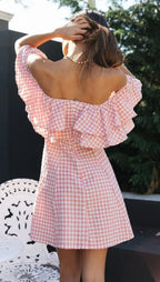 Off Shoulder Ruffle Plaid Mini Dress - Pink Flowering Girl