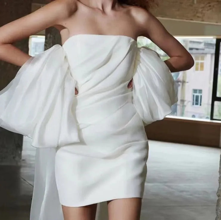 White Puff Sleeve Strapless Mini Dress