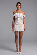 Nude Mesh Overlay Fitted Sheath Mini Dress with 3D Floral Appliqué Flowering Girl