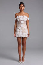 Nude Mesh Overlay Fitted Sheath Mini Dress with 3D Floral Appliqué Flowering Girl