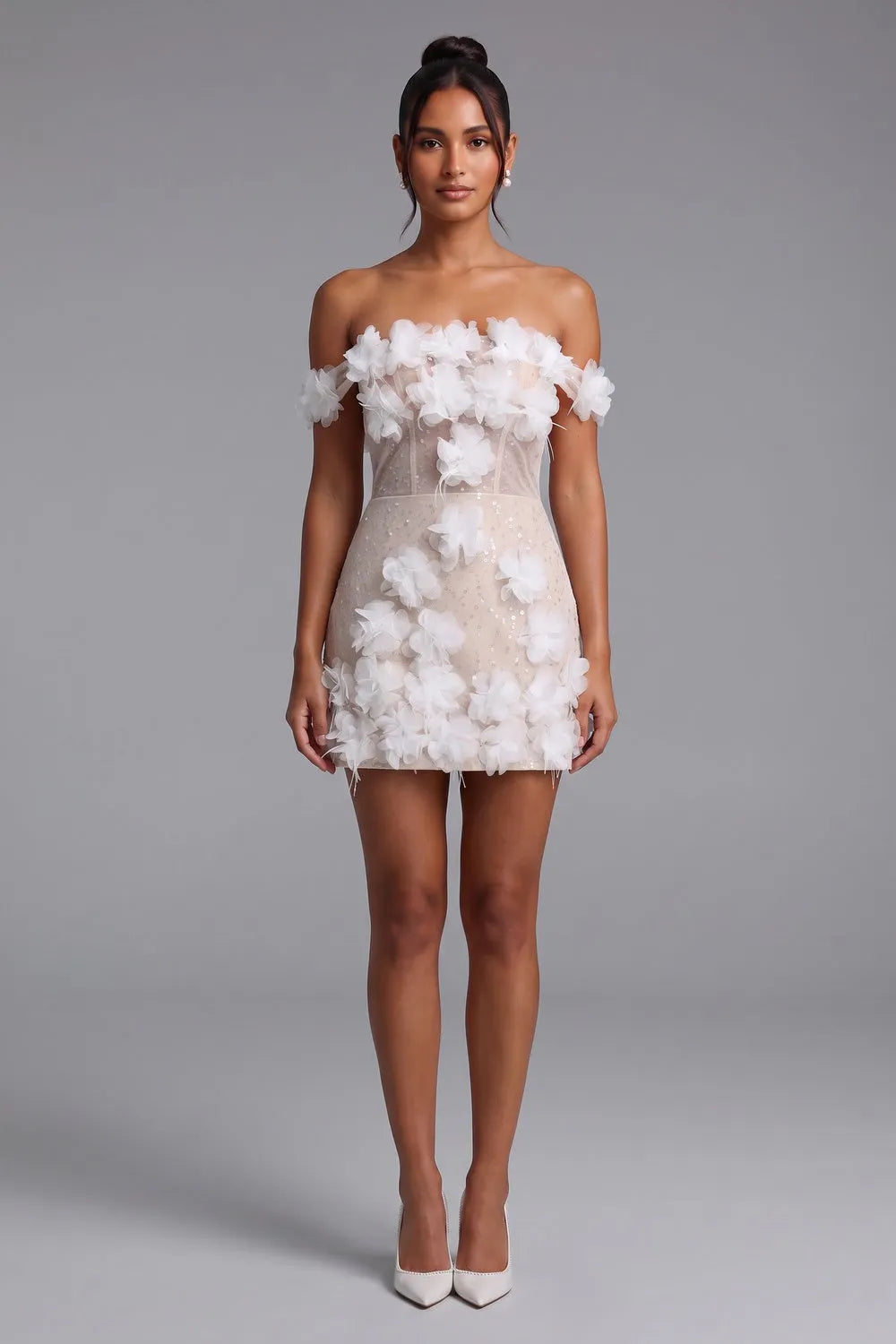 Nude Mesh Overlay Fitted Sheath Mini Dress with 3D Floral Appliqué Flowering Girl