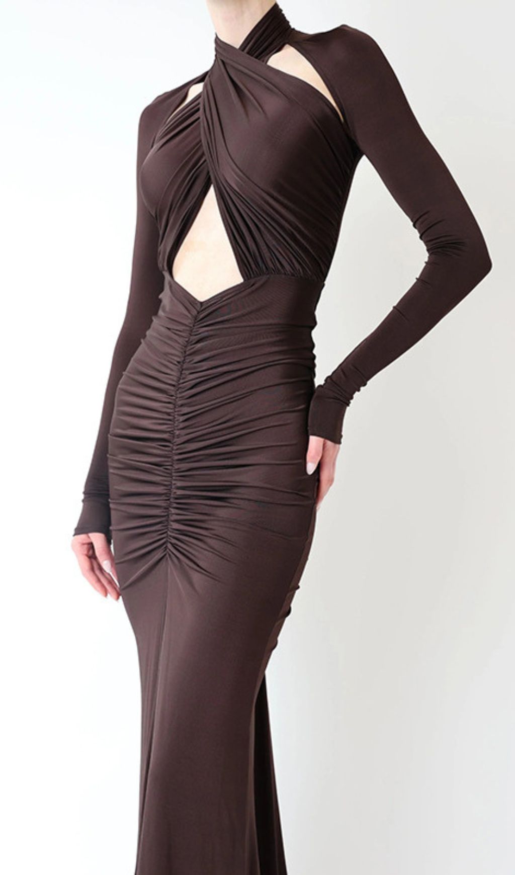 Inaya Coffee Long Sleeve Ruched Maxi Dress Flowering Girl
