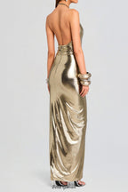 Champagne gold halter neck backless slit gown Flowering Girl