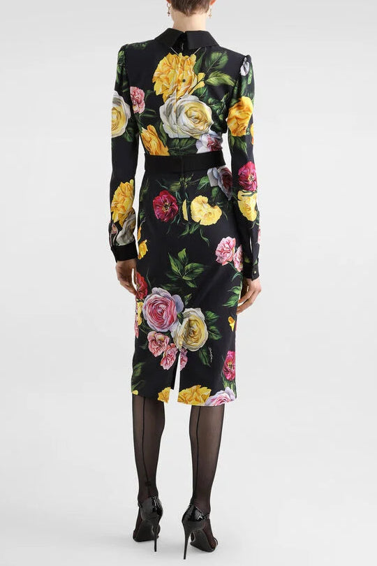 Bernice Rose Print Shirt Midi Dress In Black Flowering Girl