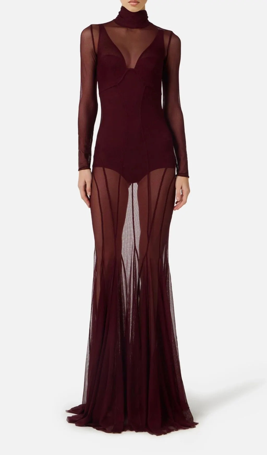 Kassie Wine Mesh Long Sleeve Maxi Dress Flowering Girl