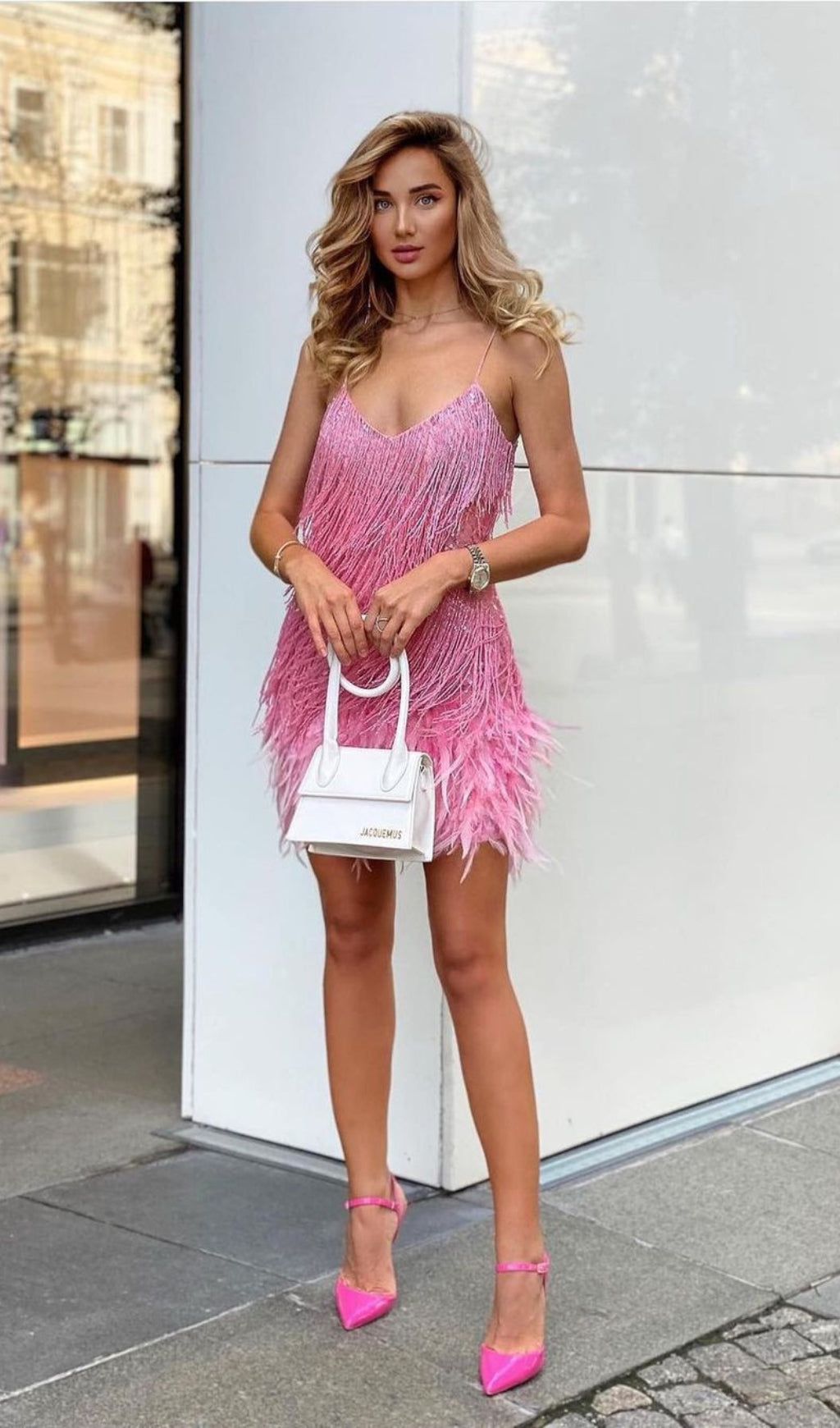 Pink Tassel Feather Mini Dress Flowering Girl