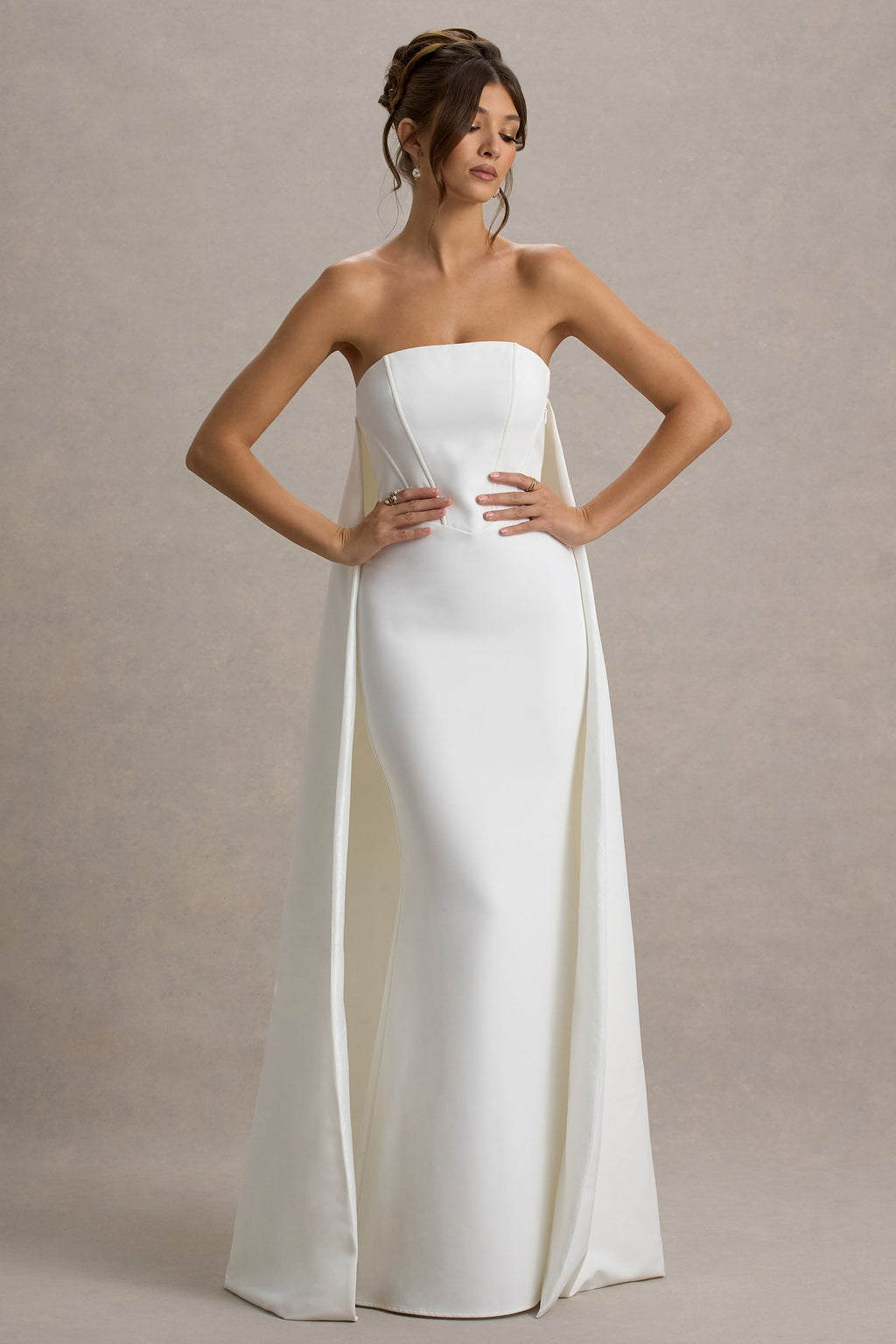 She's Trouble | White Bandeau Maxi Dress With Cape Flowering Girl