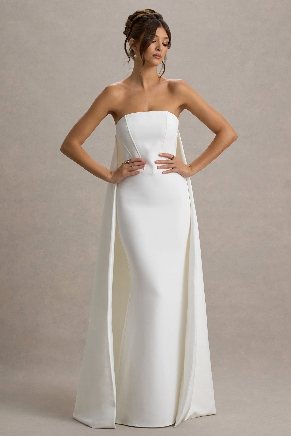 She's Trouble | White Bandeau Maxi Dress With Cape Flowering Girl