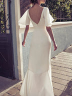 White Irregular V-Neck Backless Flared Sleeves Satin Dress Flowering Girl
