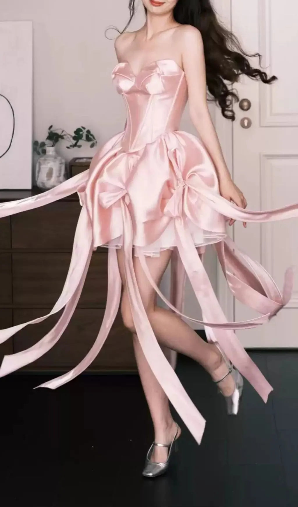 Lebana Pink Strapless Bow Mini Dress Flowering Girl