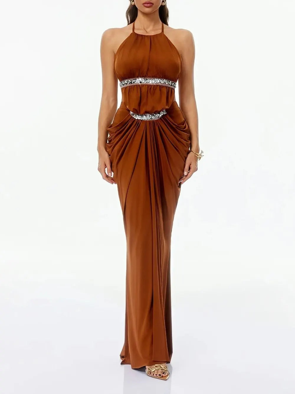 Haxorin Halterneck Sequin Ruched Maxi Dress Flowering Girl