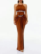 Haxorin Halterneck Sequin Ruched Maxi Dress Flowering Girl