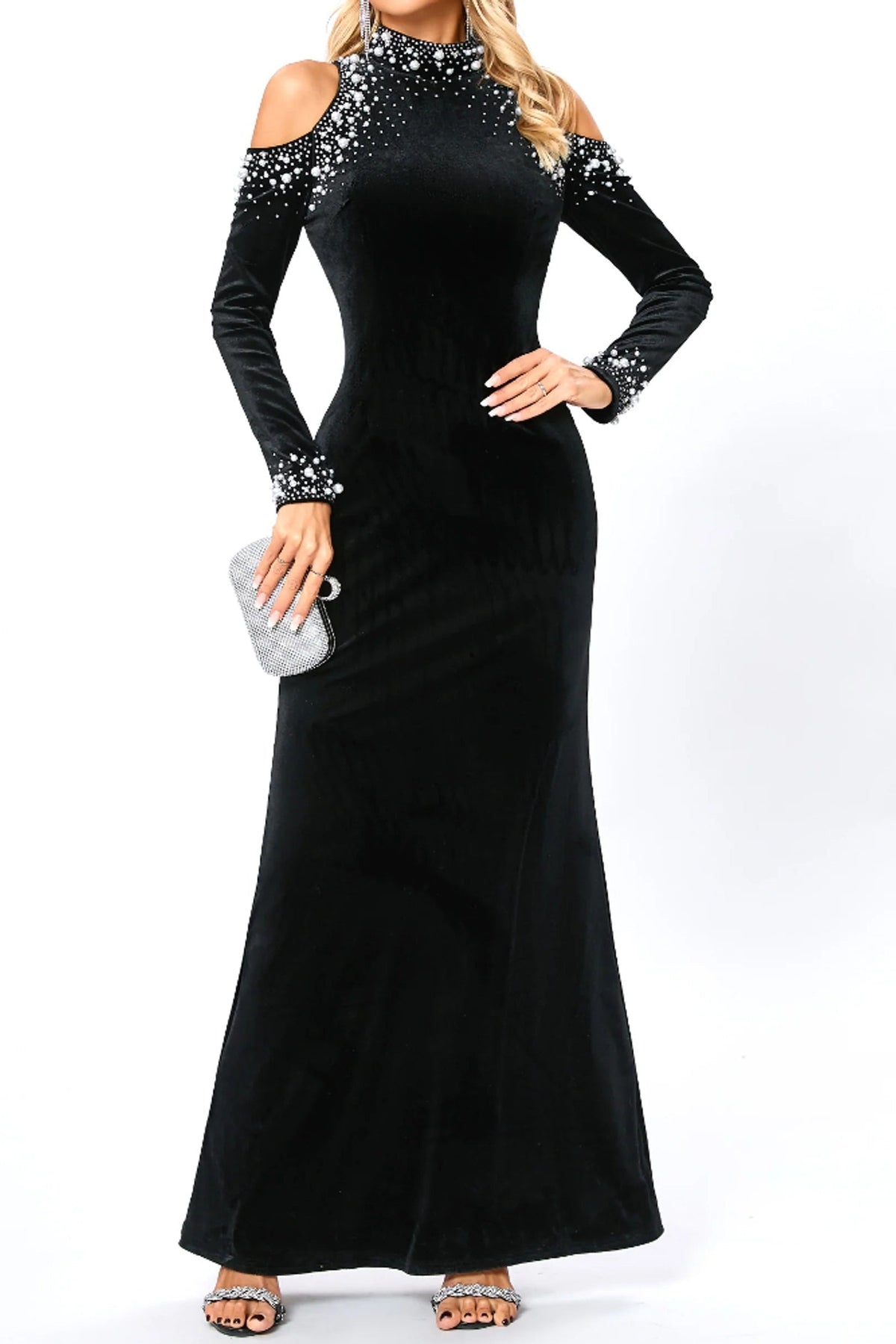 barbara sequin embellished long sleeve maxi dress in black Flowering Girl