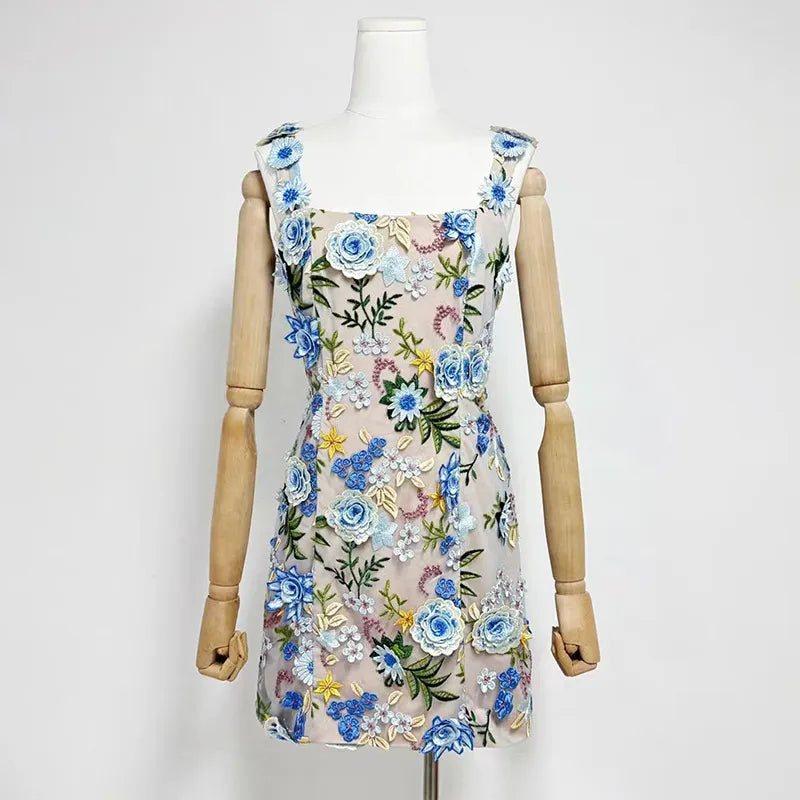 Fyodor Strappy Flower Embroidery Mini Dress Flowering Girl