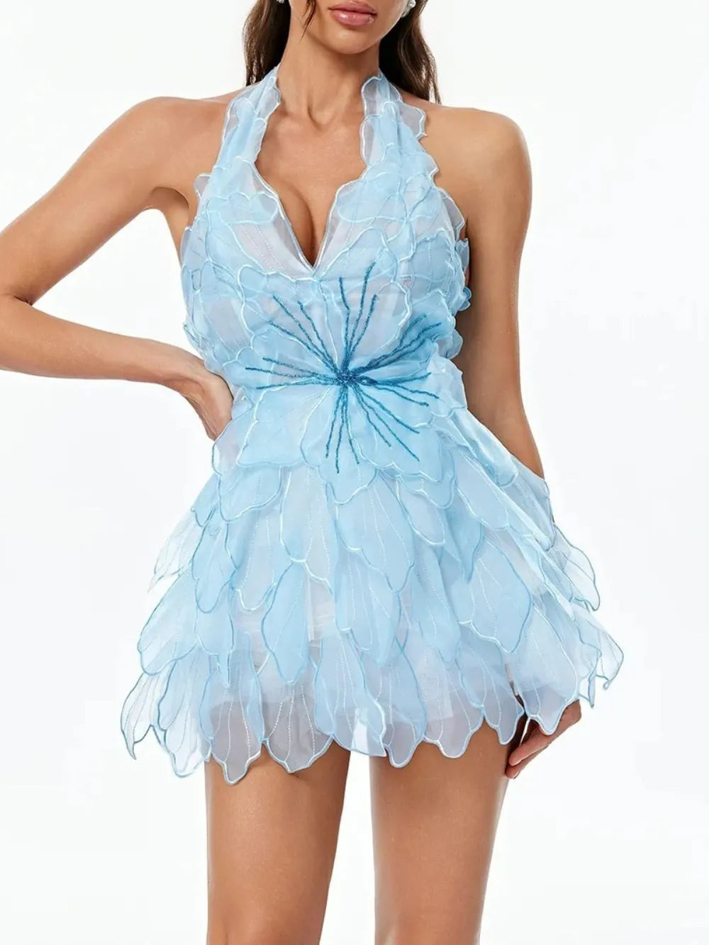Geovany Halterneck Starburst Beading Mini Dress Flowering Girl