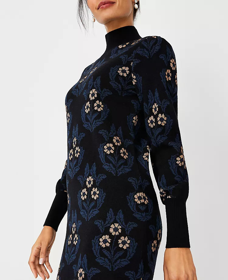 petite floral mock neck sweater dress in black Flowering Girl