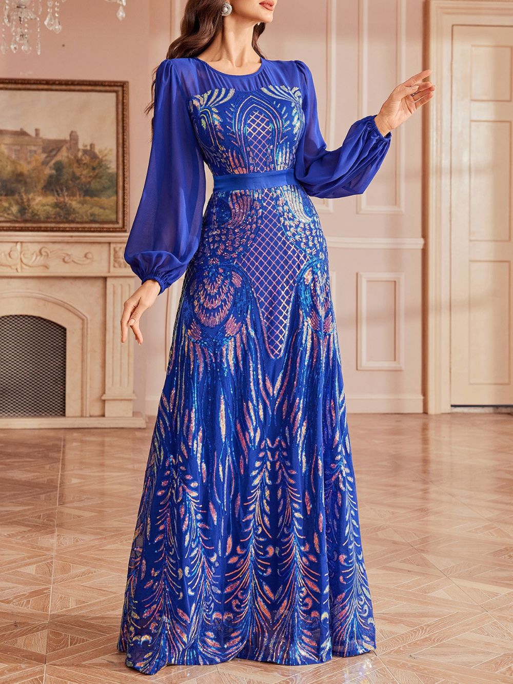 Milania Blue Sequin Long Sleeve Maxi Dress Flowering Girl