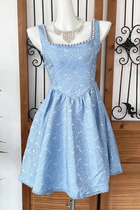 Beaded Square Neck Retro Jacquard Bow Strap Waist A-Line Mini Dress Flowering Girl