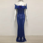 Riva Feather Embellished Hollowed Sequin Bodycon Maxi Dress In Blue Flowering Girl