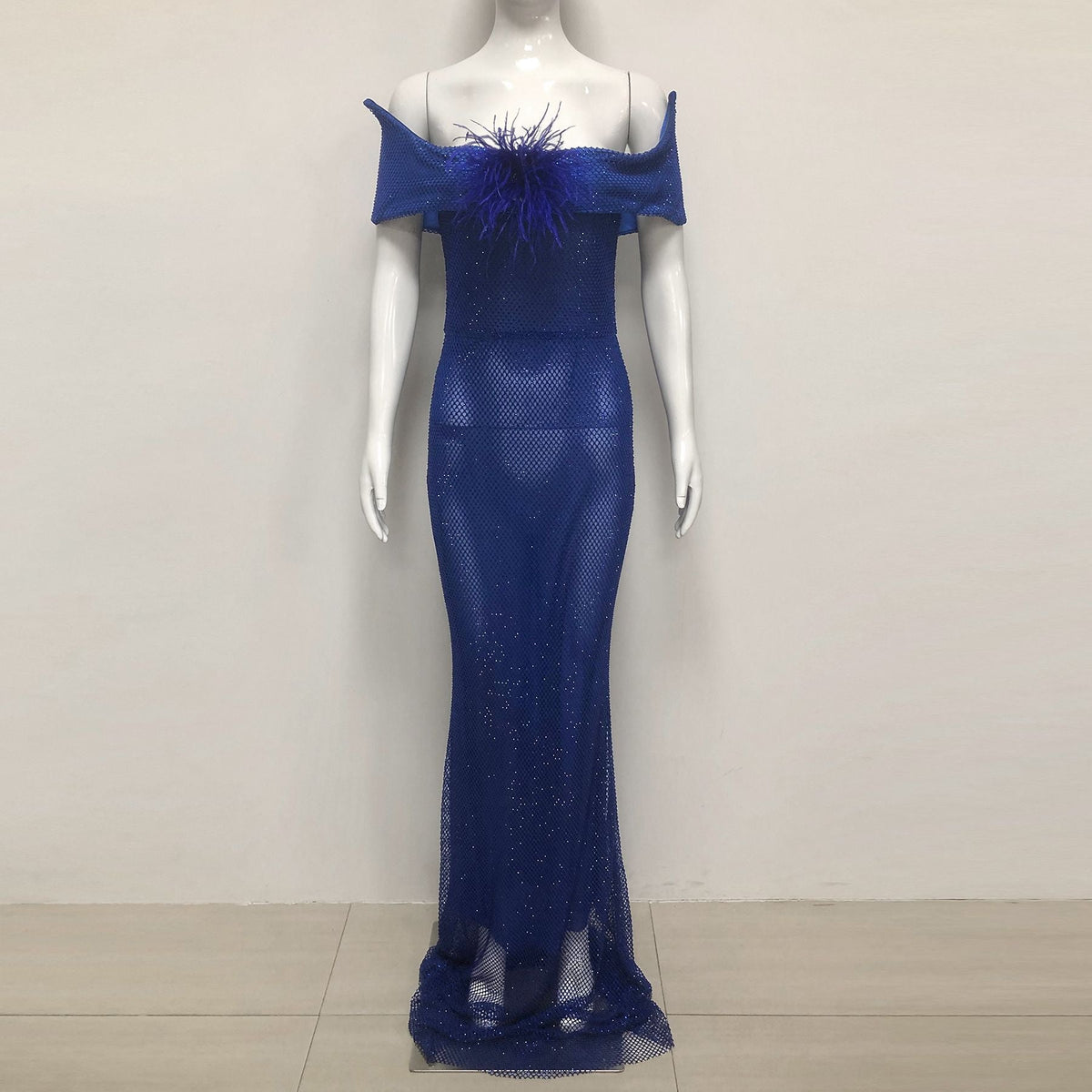 Riva Feather Embellished Hollowed Sequin Bodycon Maxi Dress In Blue Flowering Girl
