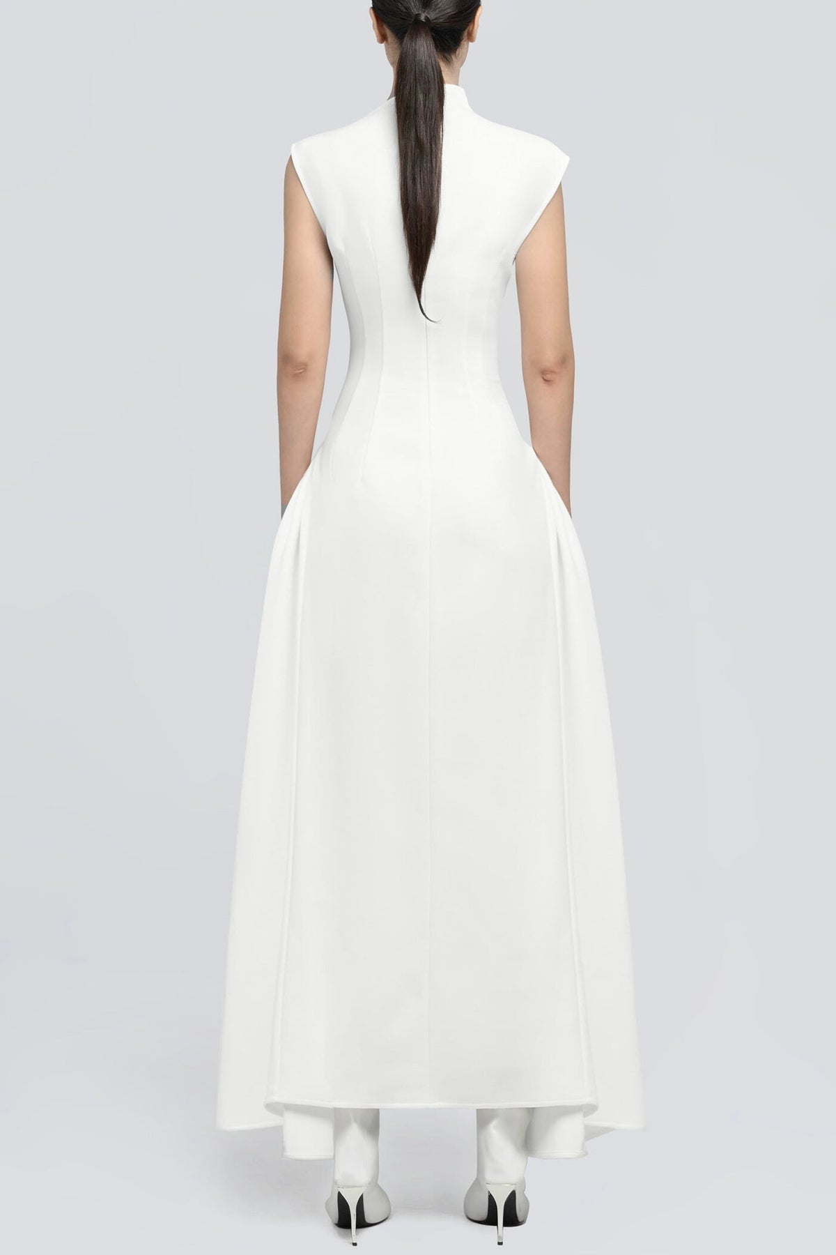 Eorkone Symmetric Drapes Flared Midi Dress - White Flowering Girl