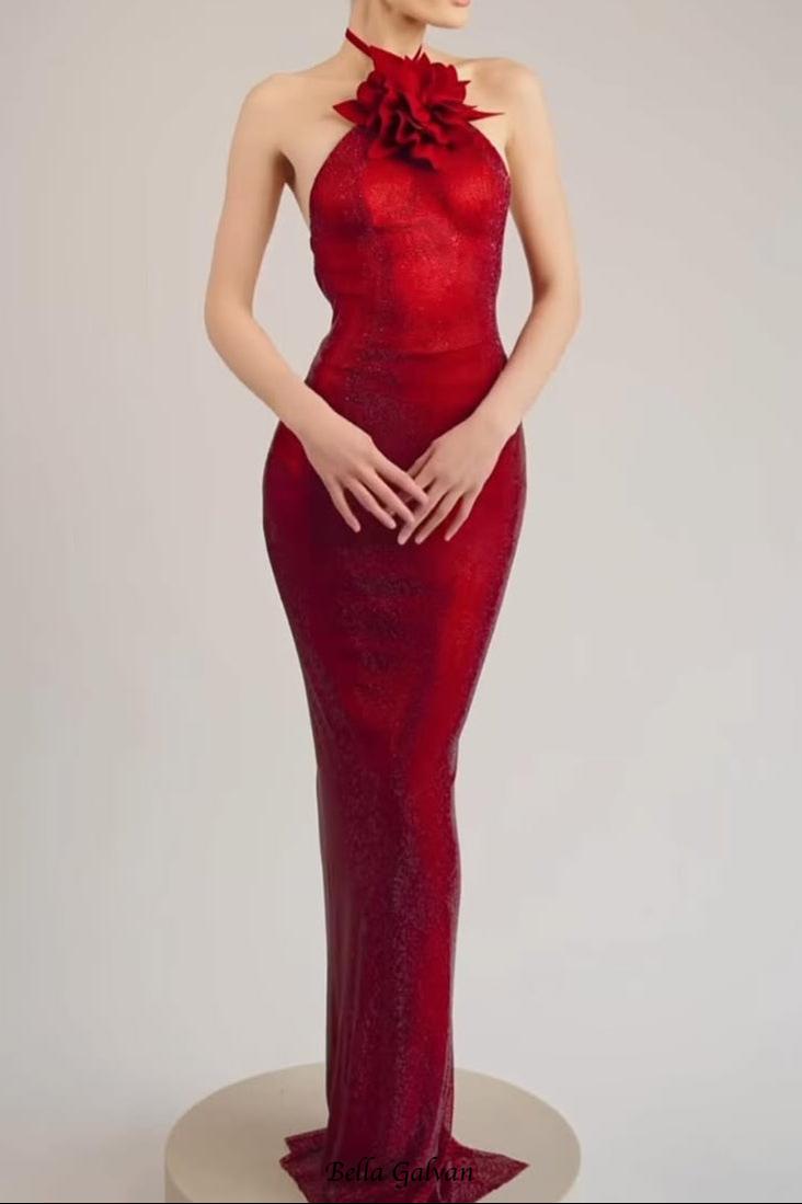 ursula 3d flower sequin halter maxi dress in red Flowering Girl