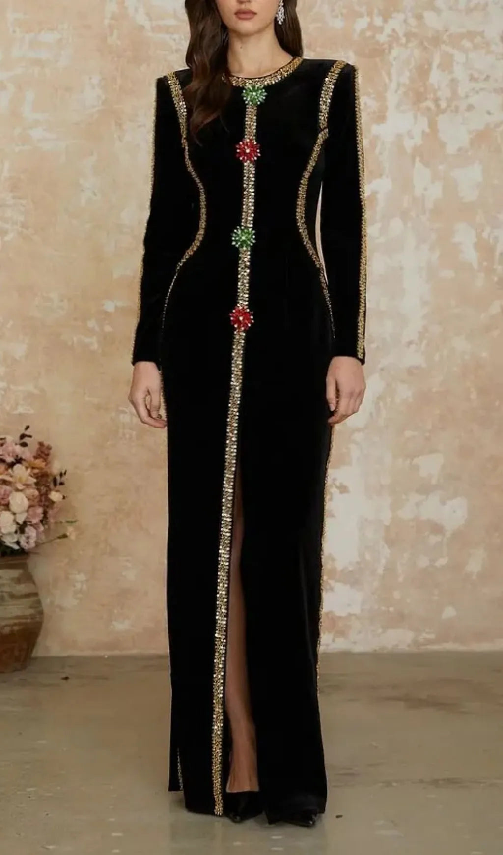Lydia Black Crystal Embellished Front Slit Maxi Dress Flowering Girl