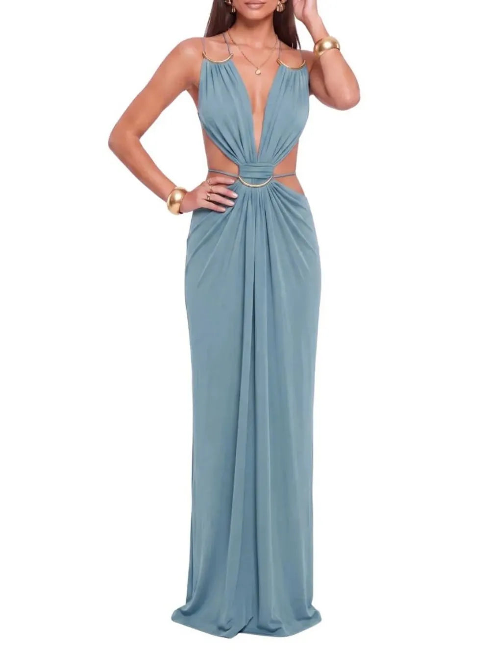 Lorysa Backless Cutout Maxi Dress In Blue Flowering Girl