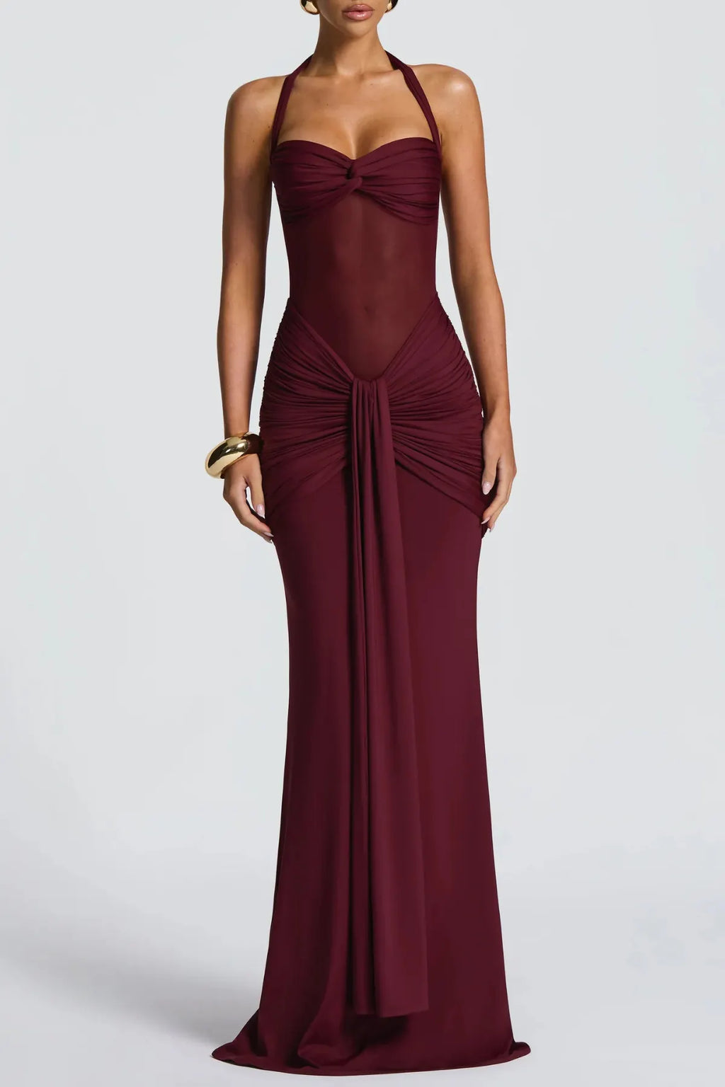 Bonao Halter Ruched Maxi Dress - Wine Flowering Girl
