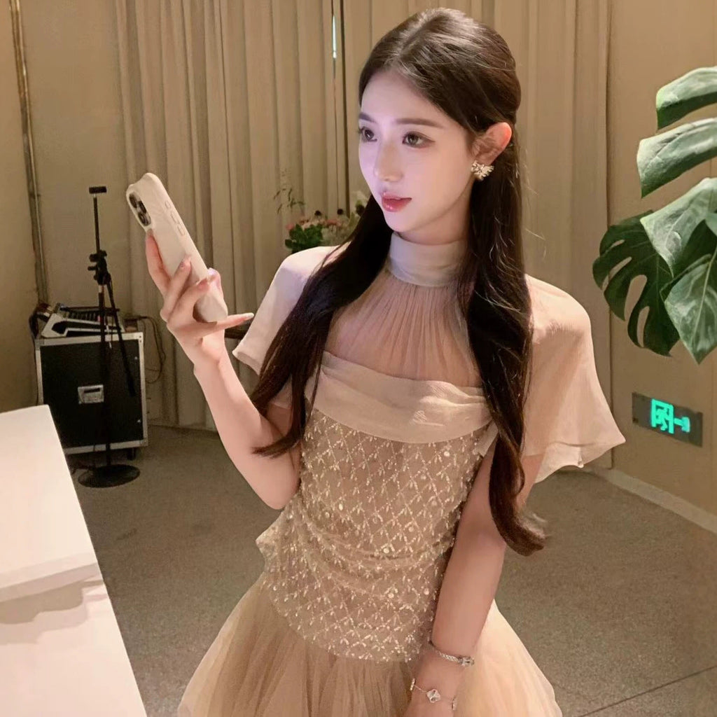 Sheer Mesh Rhinestone High Neck Tulle Mini Dress Flowering Girl