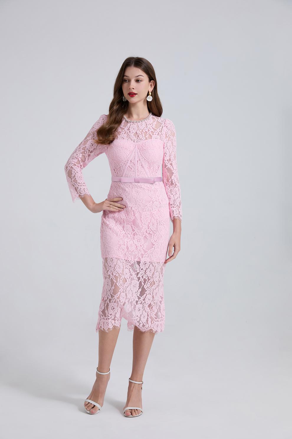 Bernice Rhinestone Fishbone Lace Midi Dress In Pink Flowering Girl